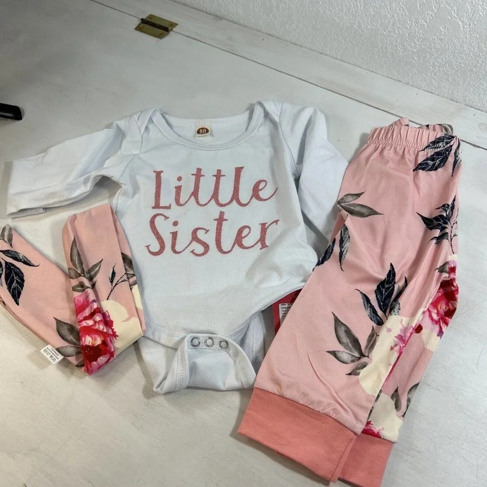 80 Baby Body Suit Panta Set Little Sister White/Pink Multicolored SZ 18 Months